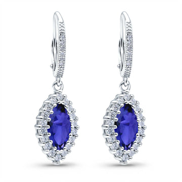 Halo Marquise Dangling Leverback Wedding Earrings Simulated Blue Sapphire CZ 925 Sterling Silver (31mm)